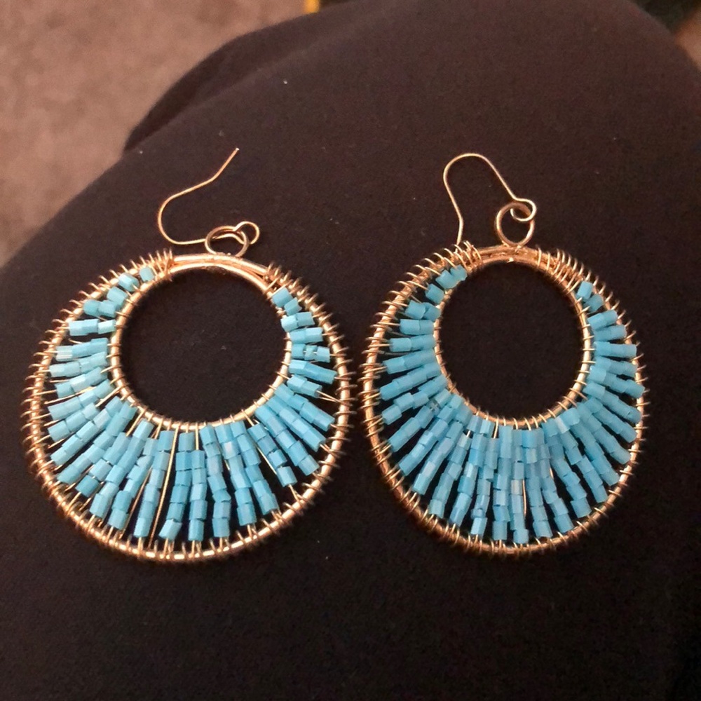 Gold and blue bead earrings